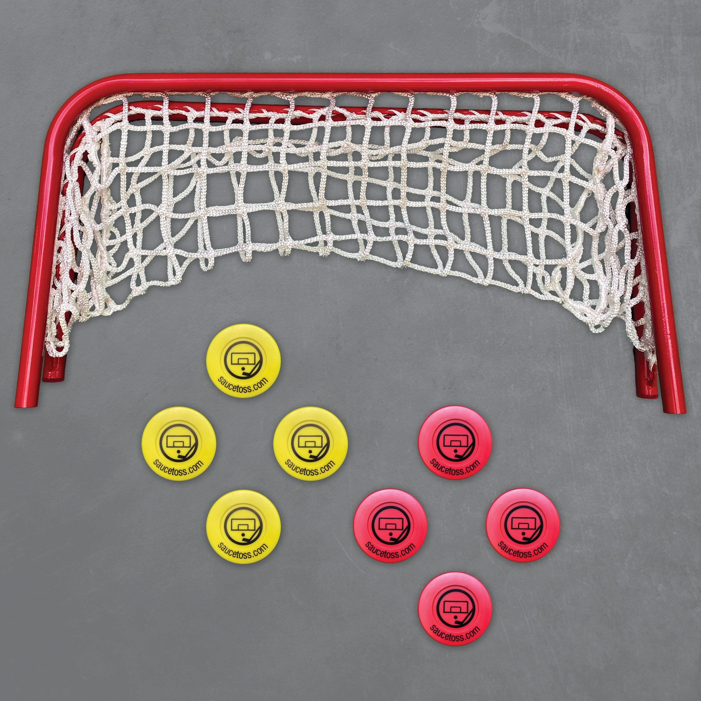 8 pucks and a net on grey backgorund