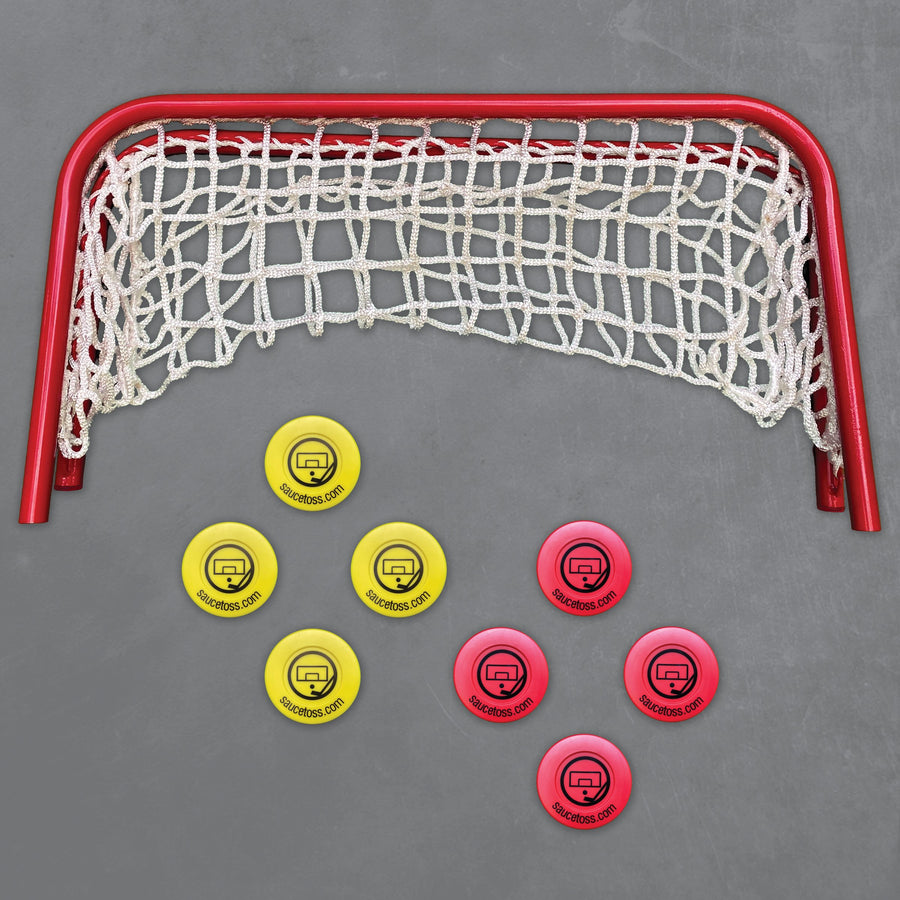 8 pucks and a net on grey backgorund