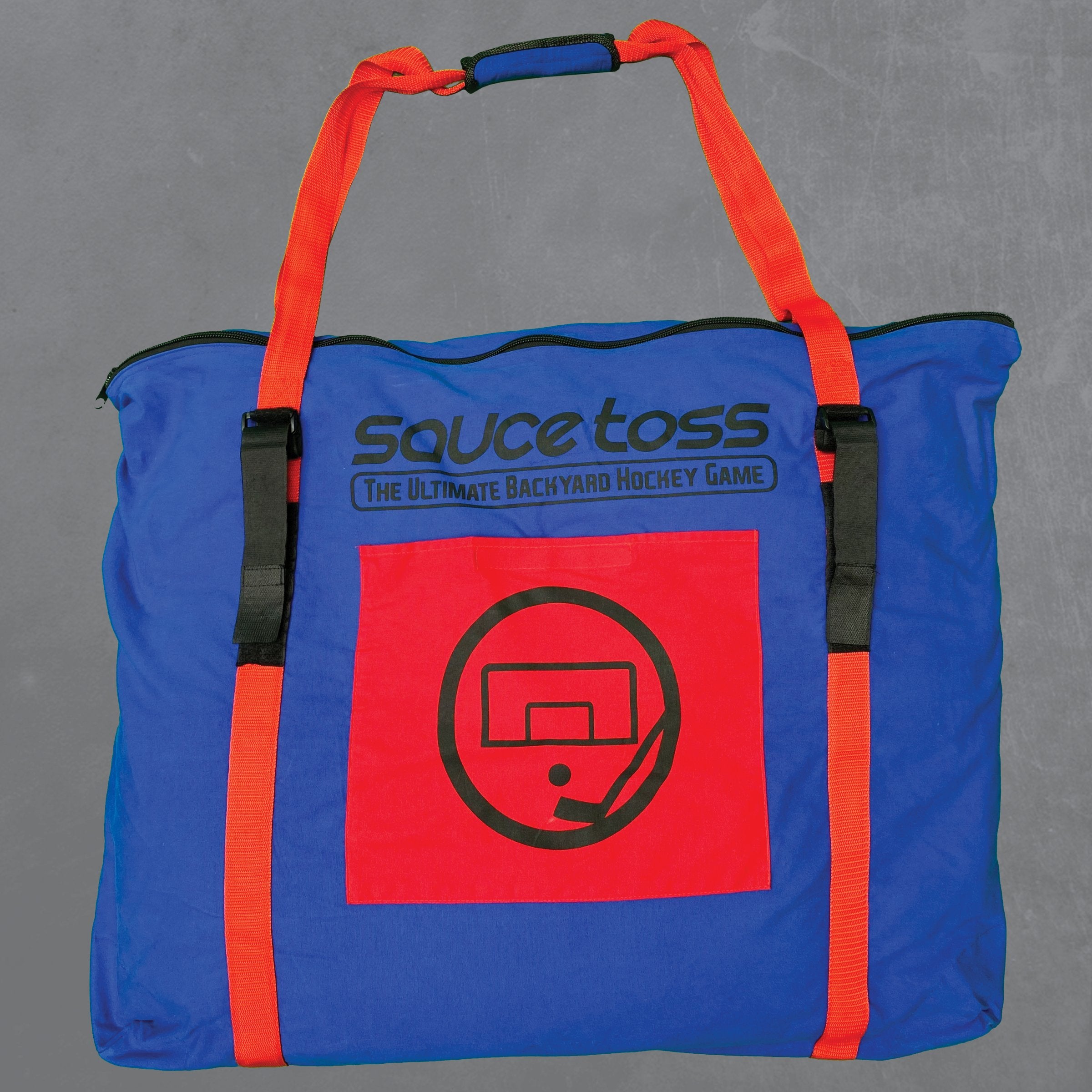 A Blue and Red Sauce Toss Travel Bag on a grey background